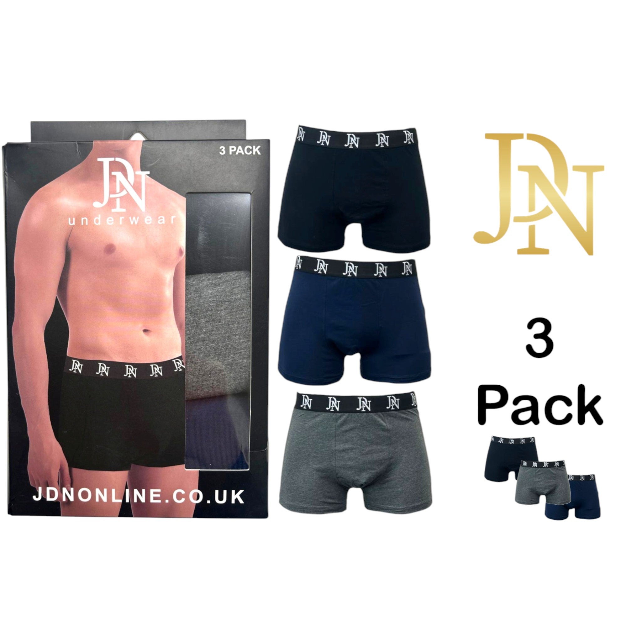 JDN men’s underwear 3 pack – cotton stretch boxer briefs in black, navy, and grey with branded waistband, breathable and supportive design